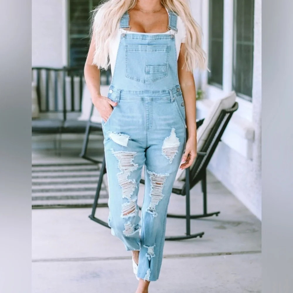Women's Light Blue Distressed Denim Overalls - Picture 6 of 16